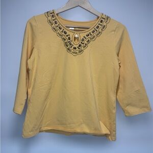 Allison Daley Yellow Embroidered Women's Top 3/4 sleeve keyhole detail petites